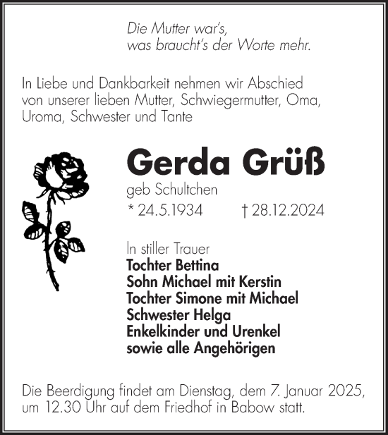 Traueranzeige von Gerda Grüß von Lausitzer Rundschau