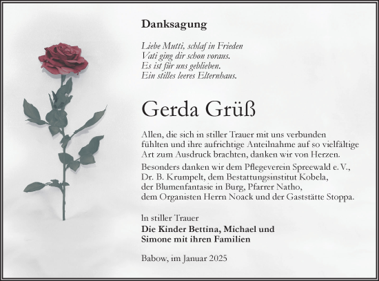 Traueranzeige von Gerda Grüß von Lausitzer Rundschau