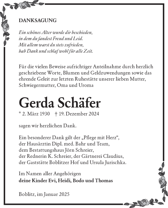 Traueranzeige von Gerda Schäfer von Lausitzer Rundschau