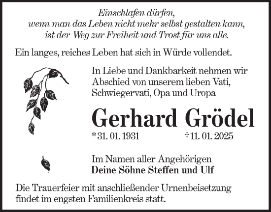Traueranzeige von Gerhard Grödel von Lausitzer Rundschau