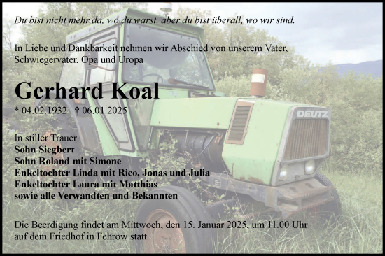 Traueranzeige von Gerhard Koal von Lausitzer Rundschau