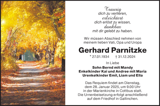 Traueranzeige von Gerhard Parnitzke von Lausitzer Rundschau