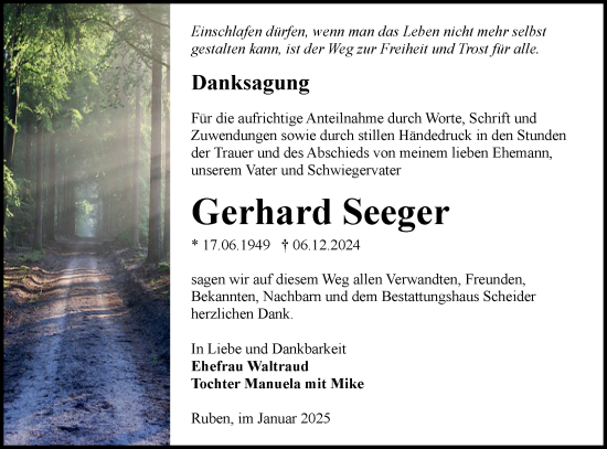 Traueranzeige von Gerhard Seeger von Lausitzer Rundschau