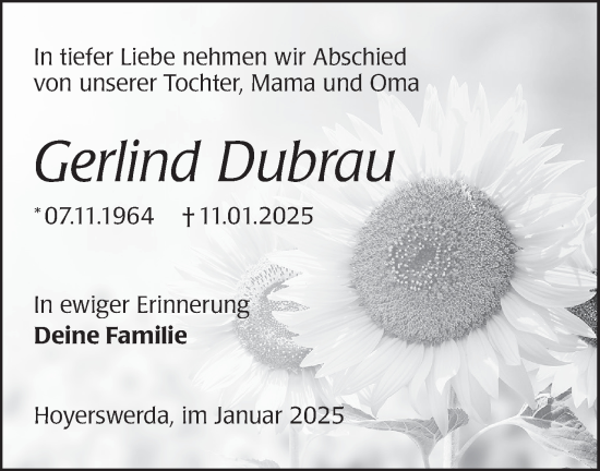 Traueranzeige von Gerlind Dubrau von Lausitzer Rundschau