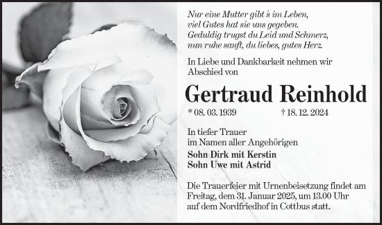 Traueranzeige von Gertraud Reinhold von Lausitzer Rundschau