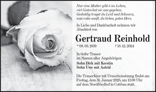 Traueranzeige von Gertraud Reinhold von Lausitzer Rundschau