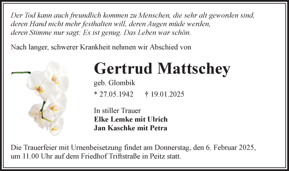  Traueranzeige für Gertrud Mattschey vom 25.01.2025 aus Lausitzer Rundschau