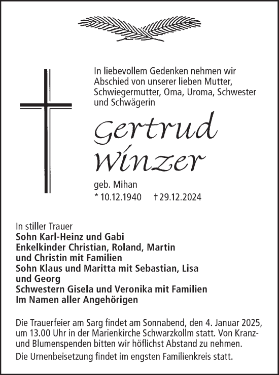 Traueranzeige von Gertrud Winzer von Lausitzer Rundschau