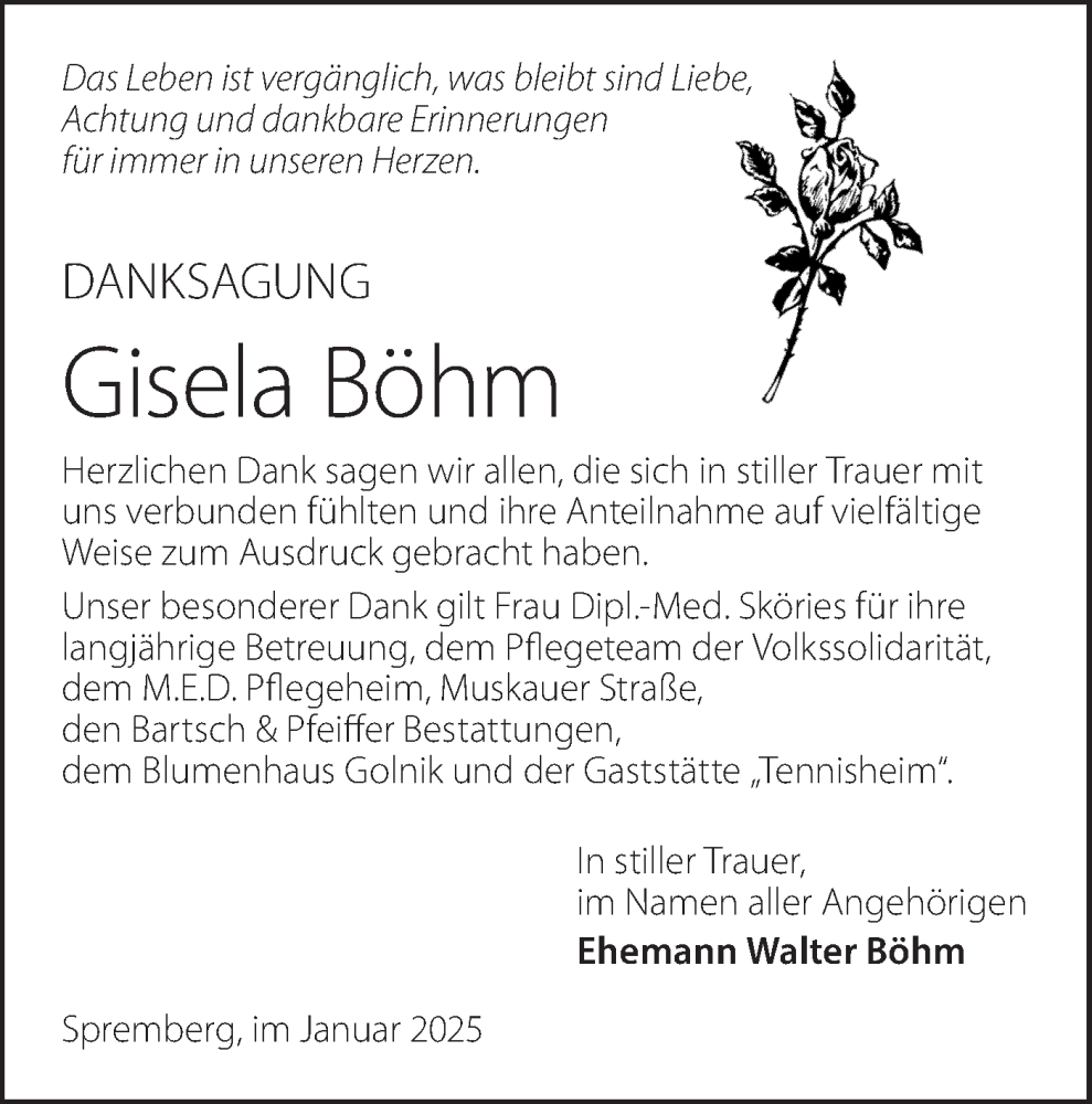  Traueranzeige für Gisela Böhm vom 11.01.2025 aus Lausitzer Rundschau