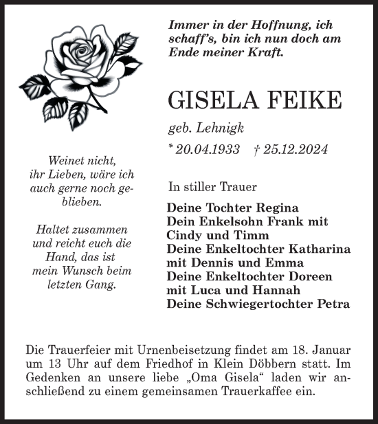 Traueranzeige von Gisela Feike von Lausitzer Rundschau