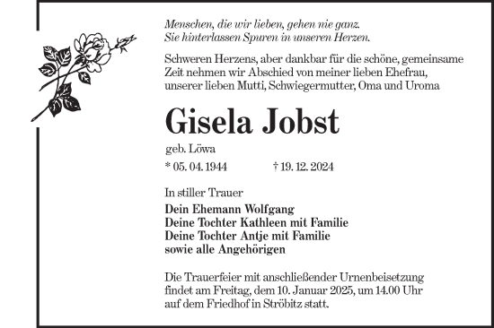 Traueranzeige von Gisela Jobst von Lausitzer Rundschau