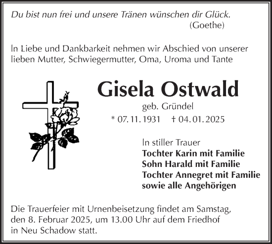 Traueranzeige von Gisela Ostwald von Lausitzer Rundschau