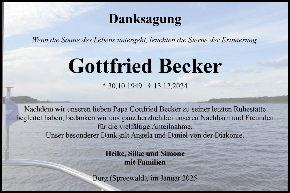  Traueranzeige für Gottfried Becker vom 11.01.2025 aus Lausitzer Rundschau
