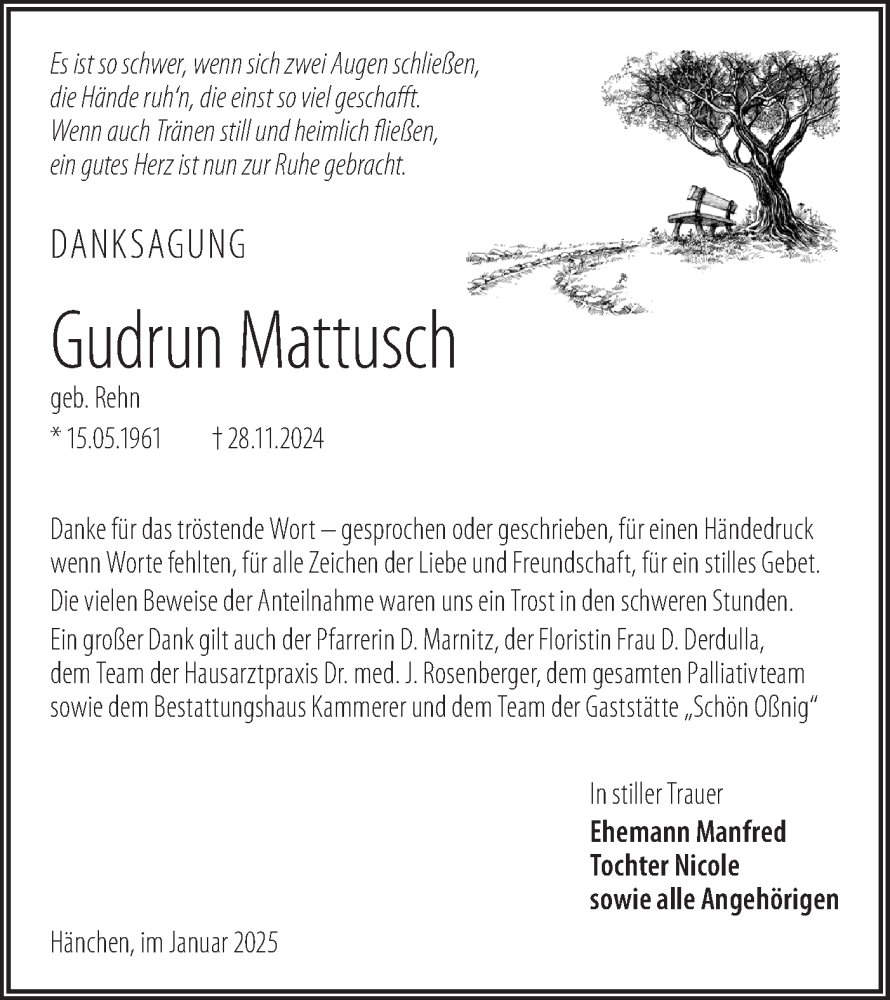  Traueranzeige für Gudrun Mattusch vom 04.01.2025 aus Lausitzer Rundschau
