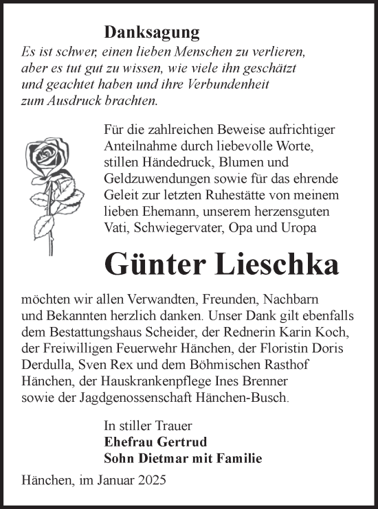 Traueranzeige von Günter Lieschka von Lausitzer Rundschau