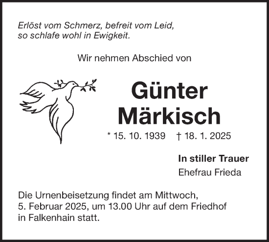 Traueranzeige von Günter Märkisch von Lausitzer Rundschau