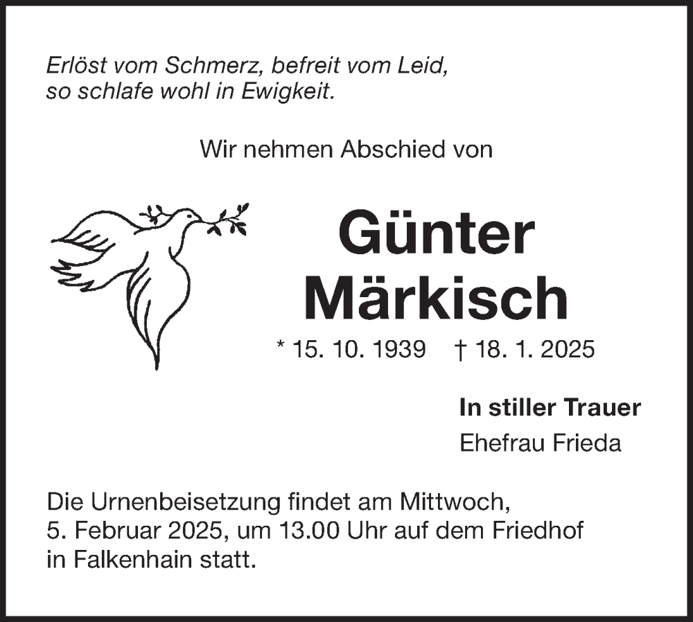  Traueranzeige für Günter Märkisch vom 25.01.2025 aus Lausitzer Rundschau
