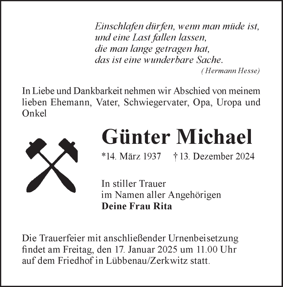  Traueranzeige für Günter Michael vom 04.01.2025 aus Lausitzer Rundschau