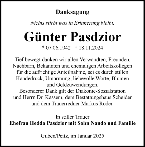 Traueranzeige von Günter Pasdzior von Lausitzer Rundschau