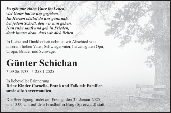 Traueranzeige von Günter Schichan von Lausitzer Rundschau
