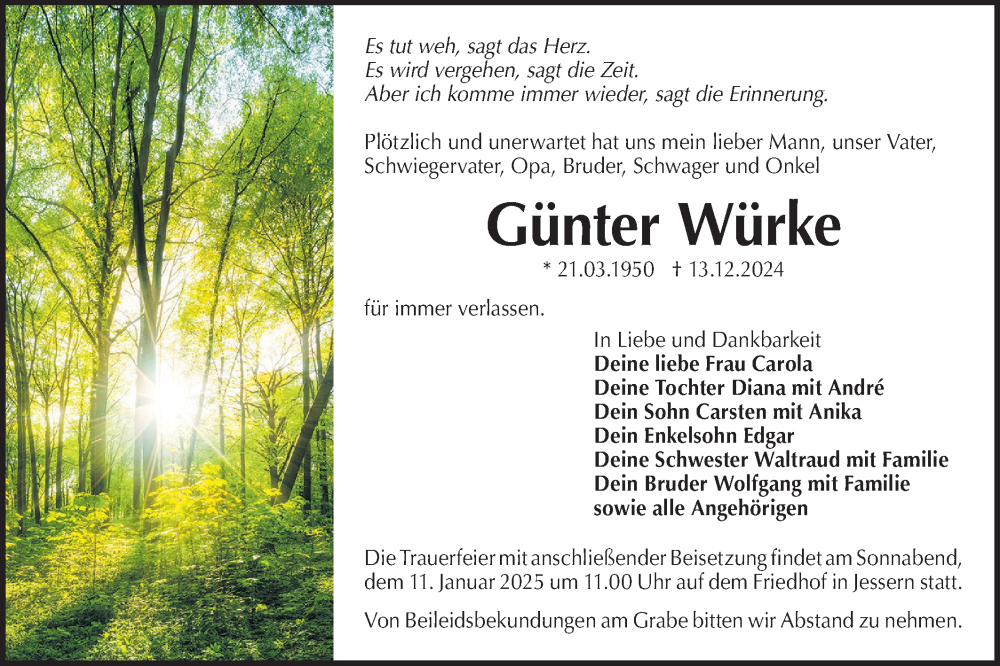  Traueranzeige für Günter Würke vom 04.01.2025 aus Lausitzer Rundschau
