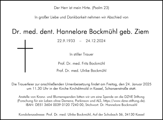 Traueranzeige von Hannelore Bockmühl von Lausitzer Rundschau