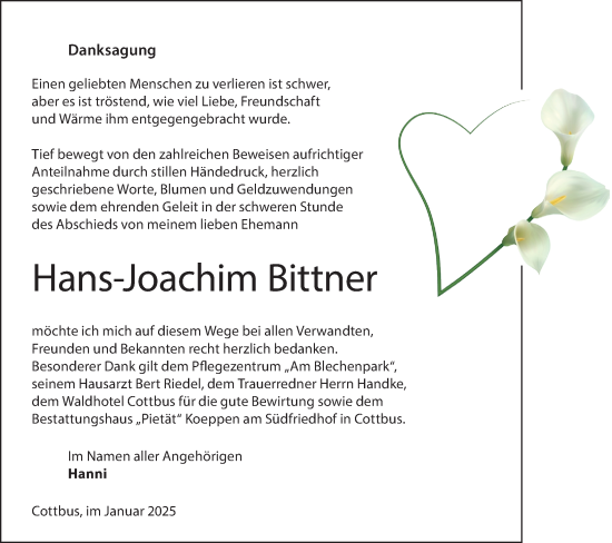 Traueranzeige von Hans-Joachim Bittner von Lausitzer Rundschau