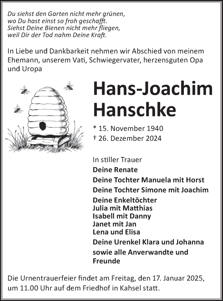  Traueranzeige für Hans-Joachim Hanschke vom 11.01.2025 aus Lausitzer Rundschau