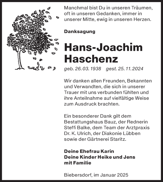 Traueranzeige von Hans-Joachim Haschenz von Lausitzer Rundschau