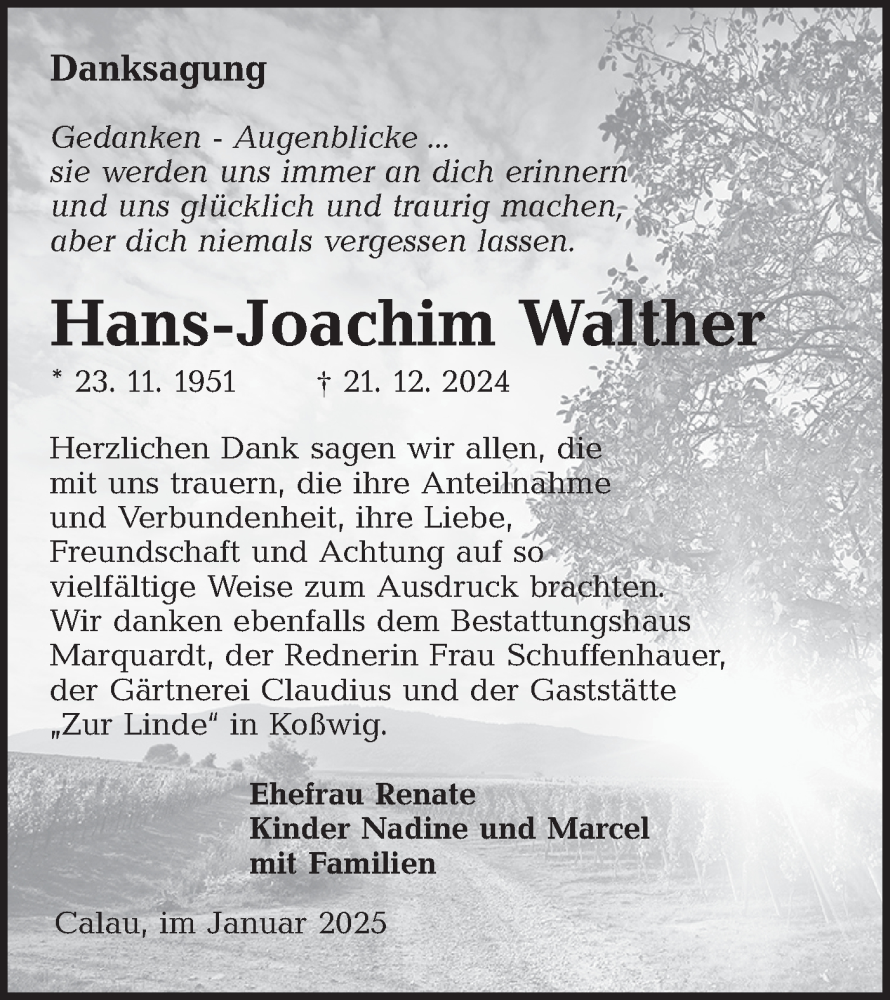  Traueranzeige für Hans-Joachim Walther vom 11.01.2025 aus Lausitzer Rundschau