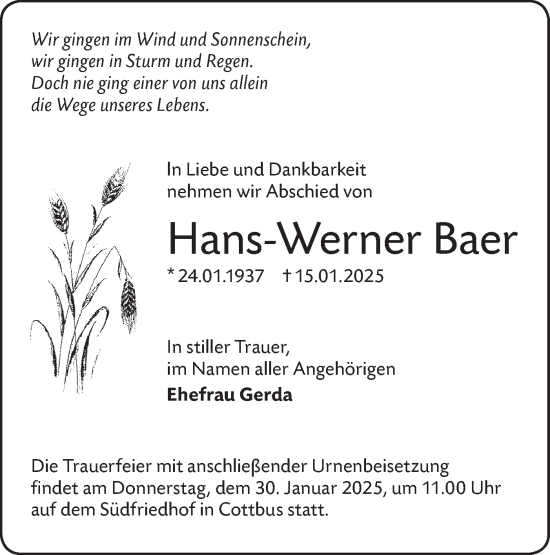 Traueranzeige von Hans-Werner Baer von Lausitzer Rundschau