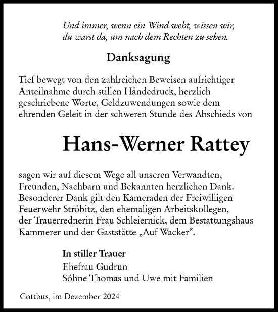 Traueranzeige von Hans-Werner Rattey von Lausitzer Rundschau