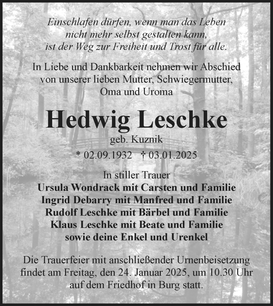  Traueranzeige für Hedwig Leschke vom 18.01.2025 aus Lausitzer Rundschau