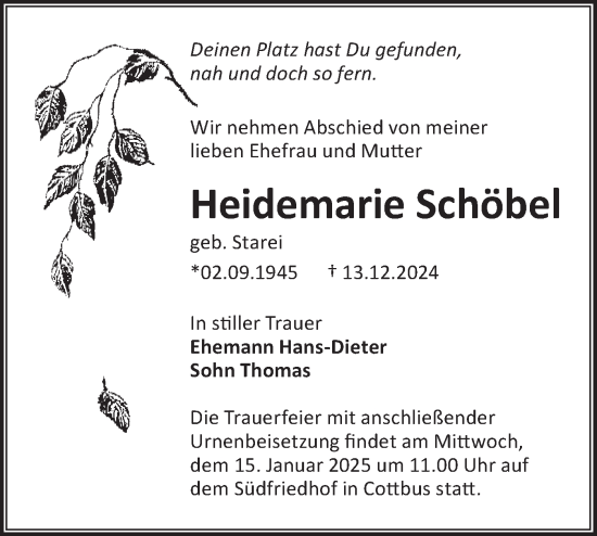 Traueranzeige von Heidemarie Schöbel von Lausitzer Rundschau