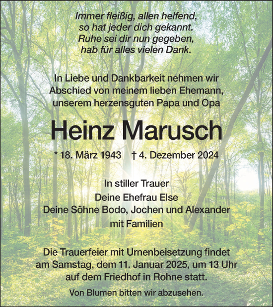 Traueranzeige von Heinz Marusch von Lausitzer Rundschau