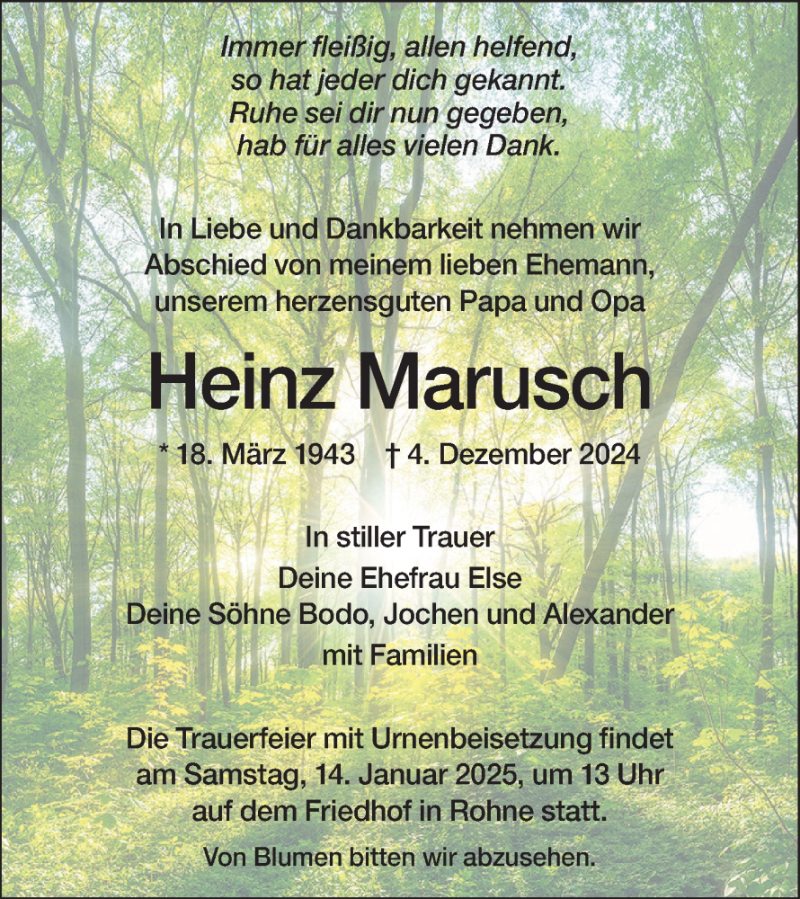  Traueranzeige für Heinz Marusch vom 04.01.2025 aus Lausitzer Rundschau