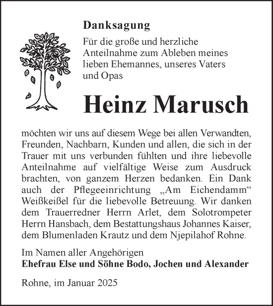 Traueranzeige von Heinz Marusch von Lausitzer Rundschau