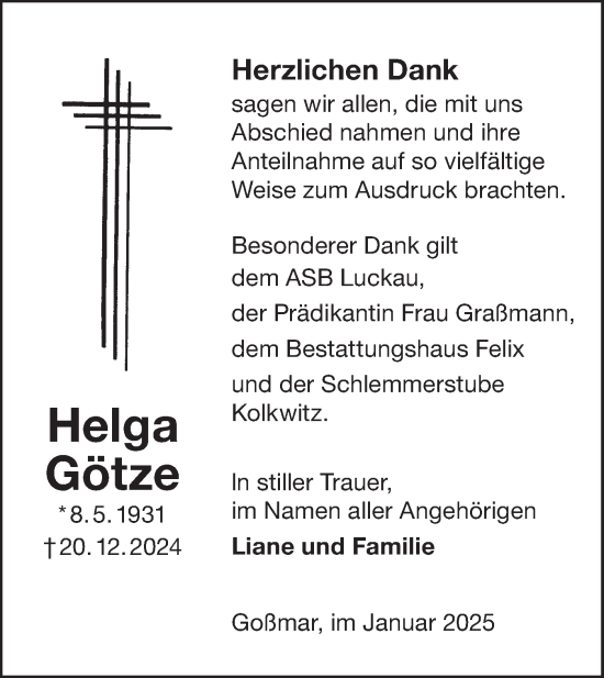 Traueranzeige von Helga Götze von Lausitzer Rundschau
