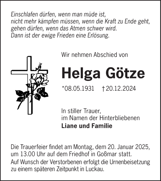 Traueranzeige von Helga Götze von Lausitzer Rundschau