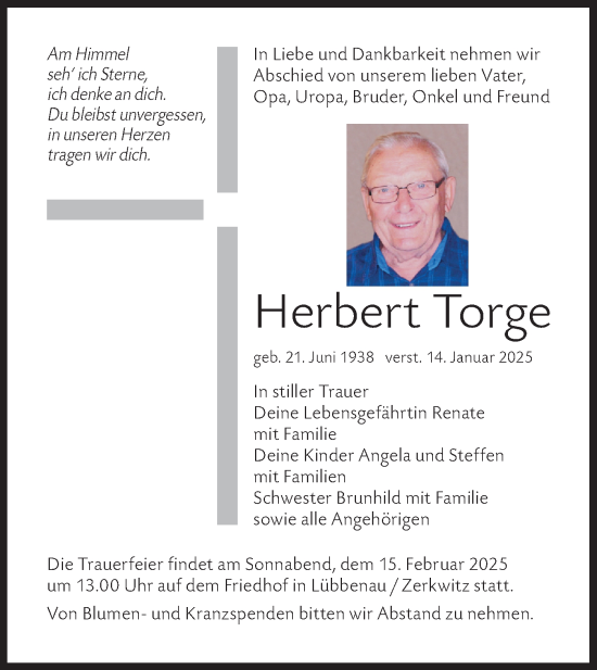 Traueranzeige von Herbert Torge von Lausitzer Rundschau