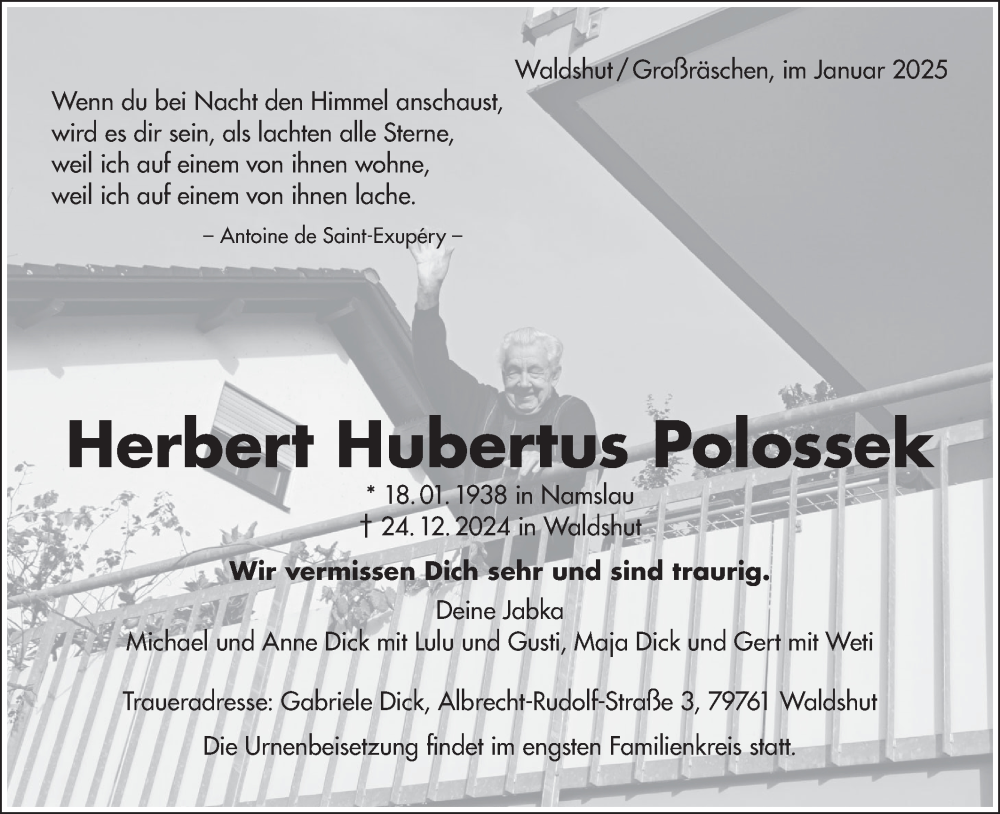  Traueranzeige für Herbert Hubertus Polossek vom 11.01.2025 aus Lausitzer Rundschau