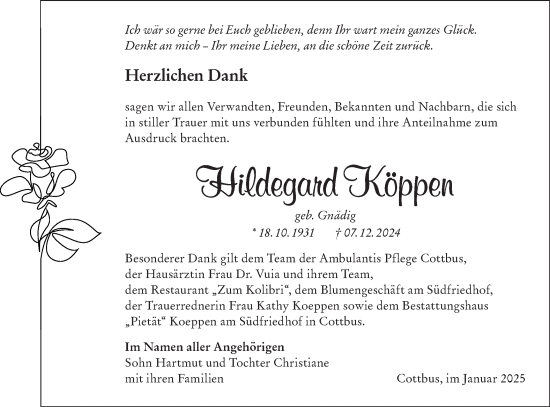 Traueranzeige von Hildegard Köppen von Lausitzer Rundschau