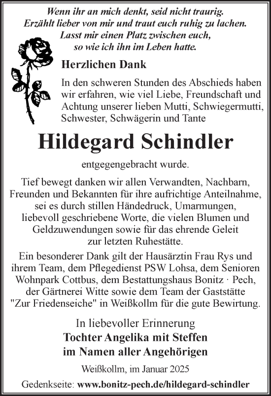 Traueranzeige von Hildegard Schindler von Lausitzer Rundschau
