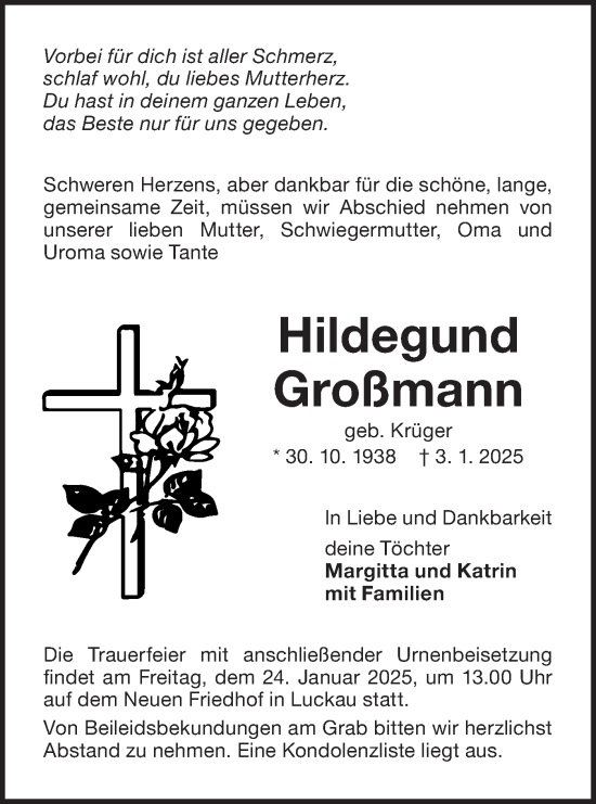 Traueranzeige von Hildegund Großmann von Lausitzer Rundschau
