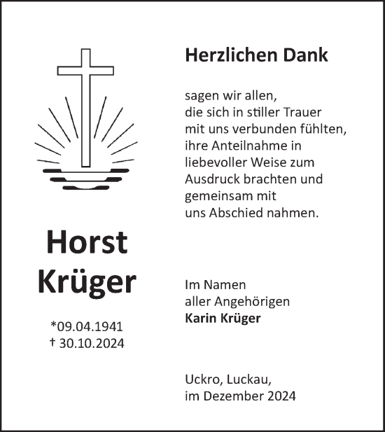 Traueranzeige von Horst Krüger von Lausitzer Rundschau