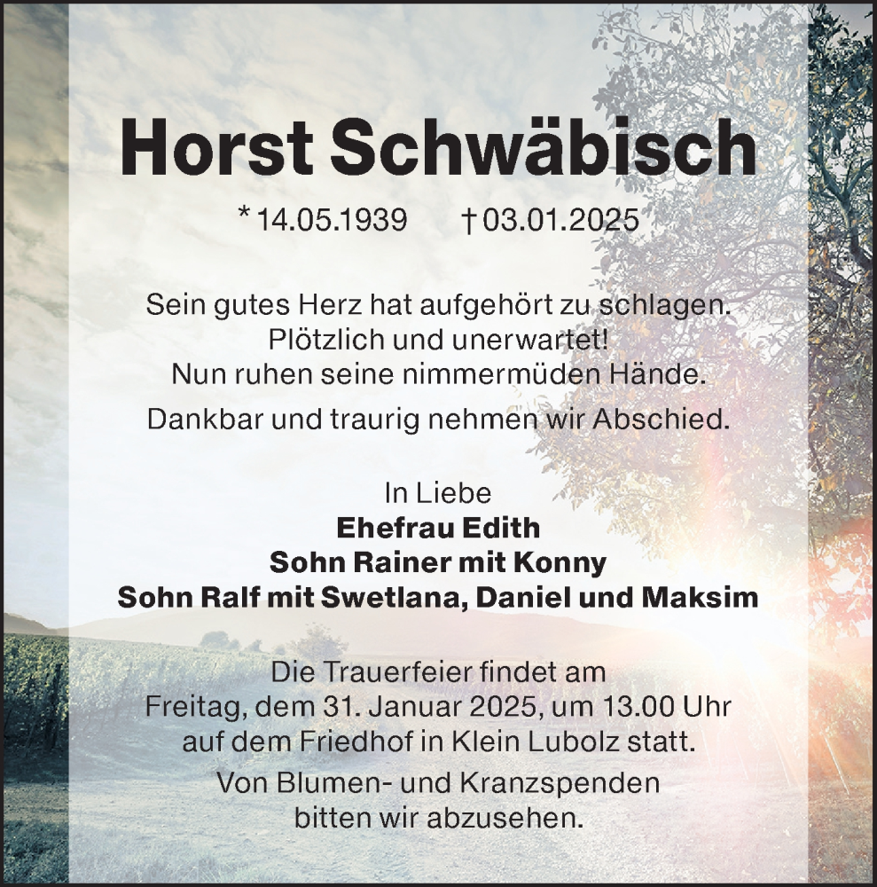  Traueranzeige für Horst Schwäbisch vom 18.01.2025 aus Lausitzer Rundschau
