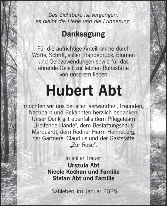 Traueranzeige von Hubert Abt von Lausitzer Rundschau