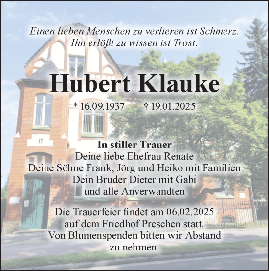 Traueranzeige von Hubert Klauke von Lausitzer Rundschau