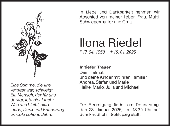 Traueranzeige von Ilona Riedel von Lausitzer Rundschau