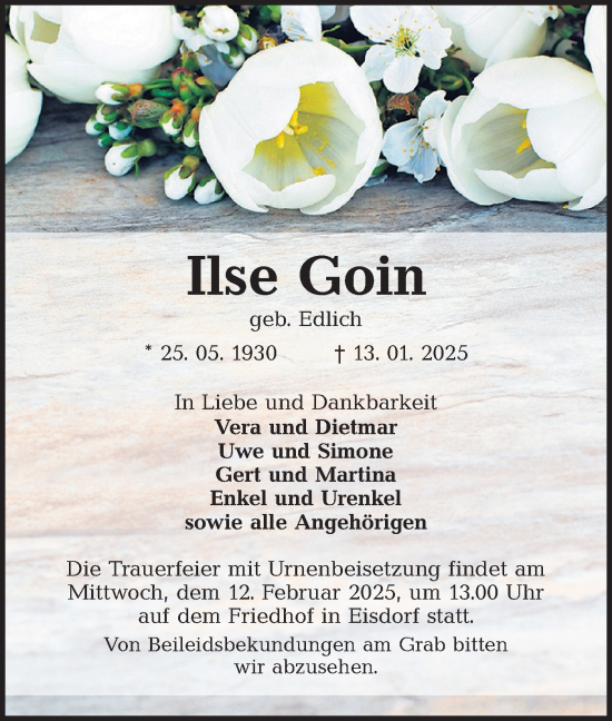 Traueranzeige von Ilse Goin von Lausitzer Rundschau